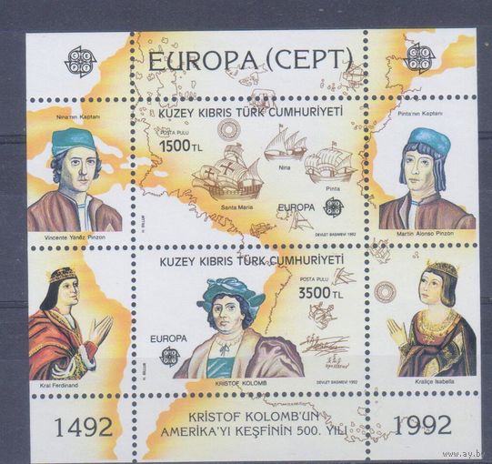 [22] Турецкий Кипр 1992. Корабли.Парусники.Колумб. Европа.EUROPA. Одиночный выпуск.БЛОК MNH. Кат.13 е.