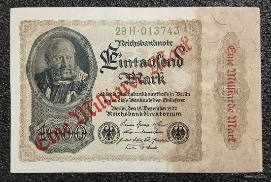 1 миллиард марок Германия 1923 г. надпечатка (на 1000 1922)