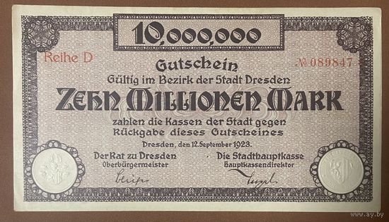Банкнота 10 миллионов марок 1923год. Дрездена. Веймарская республика