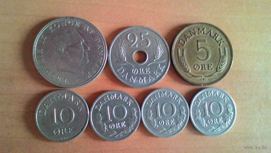 Дания. Сборный лот мелких монет разных лет. 39 штук.
