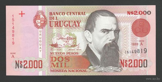 Уругвай 2000 песо 1989 года. Тип Р-68. Состояние UNC!