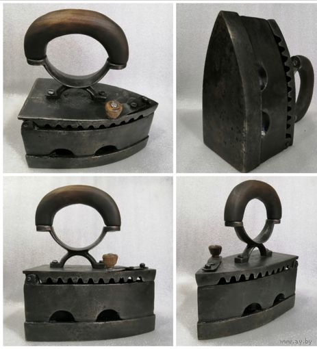 Массивный чугунный утюг с горбатой ручкой.