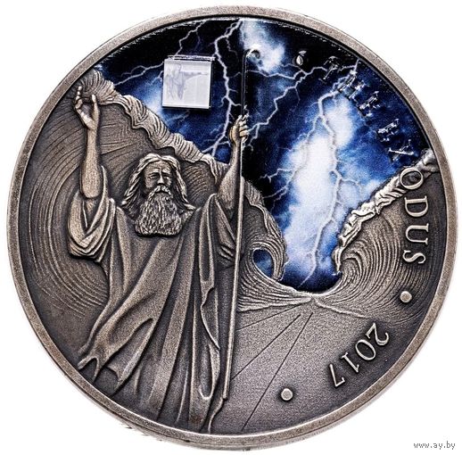 RARE Буркина-Фасо 1000 франков 2017г. "Моисей. Исход / НАНО чип: Страницы из Библии". Монета в капсуле; футляре; сертификат; коробка. СЕРЕБРО 31,10гр.(1 oz).