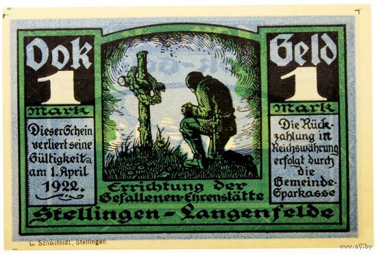 РАСПРОДАЖА!!! - ГЕРМАНИЯ ШТЕЛЛИНГЕН (ГАМБУРГ) 1 марка 1922 год - UNC!