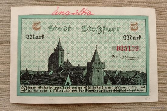 Werty71 Германия 5 марок 1918 аUNC банкнота Штасфурт