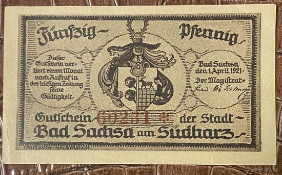 Нотгельд 50 пфеннигов 1921 год. Бад-Закса,. Веймарская республика