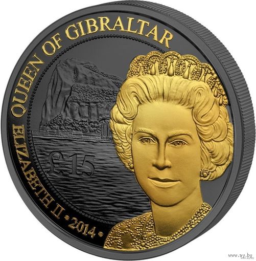 RARE Гибралтар 15 фунтов 2014г. Golden Enigma Premium: "Королева Елизавета". Монета в капсуле; подарочном футляре; сертификат. СЕРЕБРО 31,10гр.(1 oz).