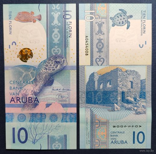 Аруба, 10 флоринов 2019 г, P-W21 (A, черепаха, руины золотодобывающей фабрики Буширибана), UNC