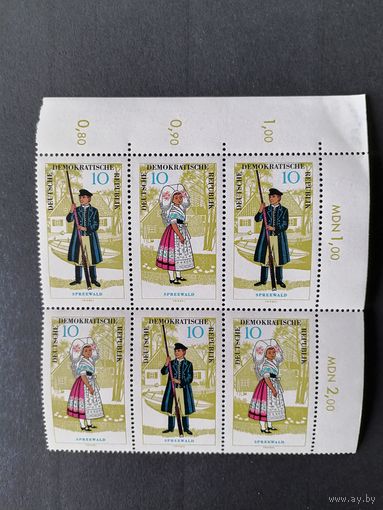 ГДР 1964 Шести блок марок серии "Национальный костюм" (чистые**, угол листа имеет узкое место но не затрагивает марки) Mi.1076-1077 каталог 15.00 евро