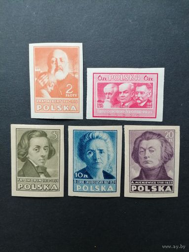 Польша 1947 Неполная серия марок "Польская культура" (чистые* следы от наклеек, наклейка) Mi.464В-465В,467В-468В,470В каталог 7.90 евро