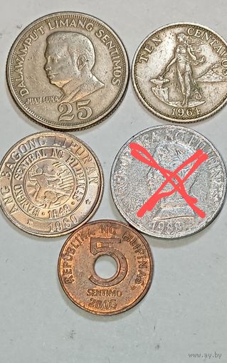 Филиппины 25 сентаво 1968 года , 10 сентаво 1964 , 1980  года и 5 сентаво 2005 года ..
