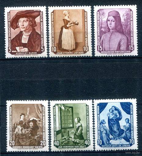 ГДР - 1955г. - Картины - 6 марок - полная серия, MNH, номинал 15 с отпечатком на клее [Mi 504-509]. #1-GG-1-B-1