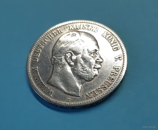 Германия. 5 марок. 1876 год. Вильгельм. Пруссия. Остатки штемпельного блеска. Серебро