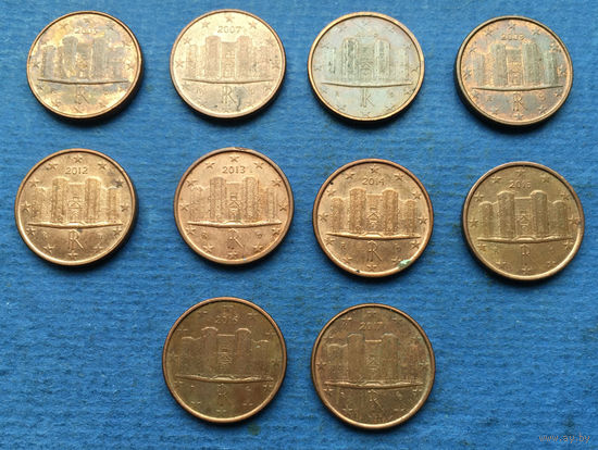 Италия 1 евроцент 2002, 2005, 2007, 2008, 2009, 2010, 2012, 2013, 2015, 2016, 2017