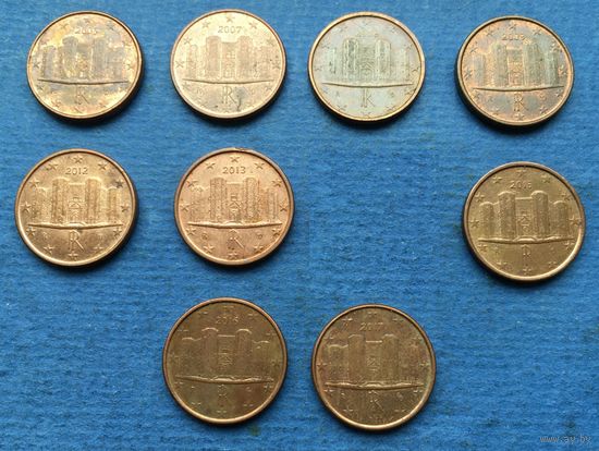Италия 1 евроцент 2002, 2005, 2007, 2008, 2009, 2010, 2012, 2013, 2014, 2015, 2016, 2017