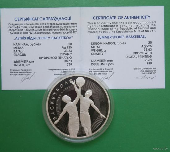 Баскетбол. Серебро. 20 рублей 2021 год. Летние виды спорта.