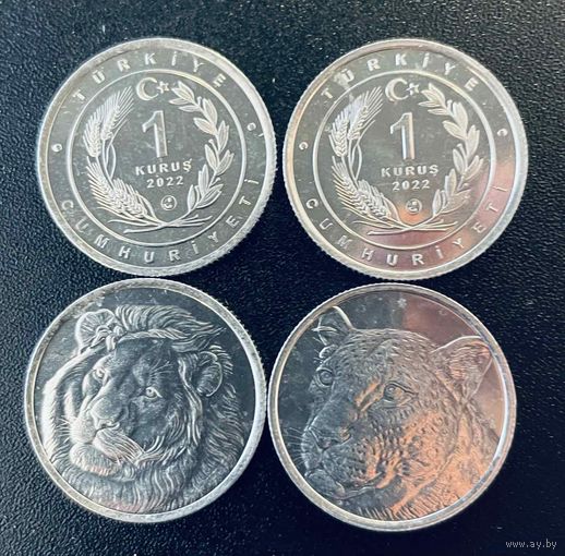 Турция набор 2 шт 1 куруш 2022 Дикие кошки Лев и ягуар UNC Красная Книга