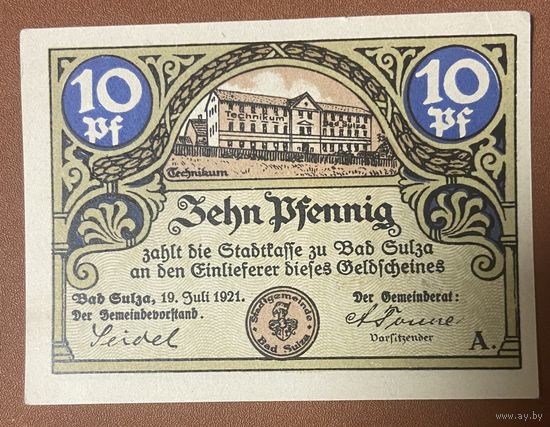 Нотгельд 10 пфеннигов 1921 год. Бад-Зульца . Веймарская республика