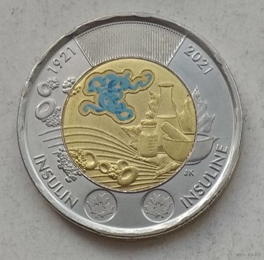 Канада 2 доллара 2021 г. 100 лет открытию инсулина. Цветное покрытие