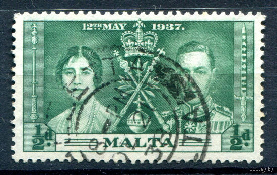 Британские колонии - Мальта - 1937г. - коронация короля Георга VI и королевы Елизаветы, 1/2 d - 1 марка - гашёная [Mi 173]. #2-Bc-54-A-1