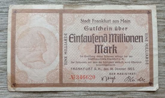 Werty71 ГЕРМАНИЯ 1 МИЛЛИАРД МАРОК 1923 банкнота 1000000000 Франкфурт-на-Майне