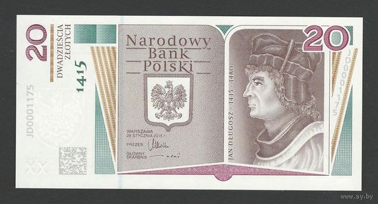Польша 20 злотых 2015 года. Длугош. В буклете. Тип P-188. Состояние UNC! Редкая!