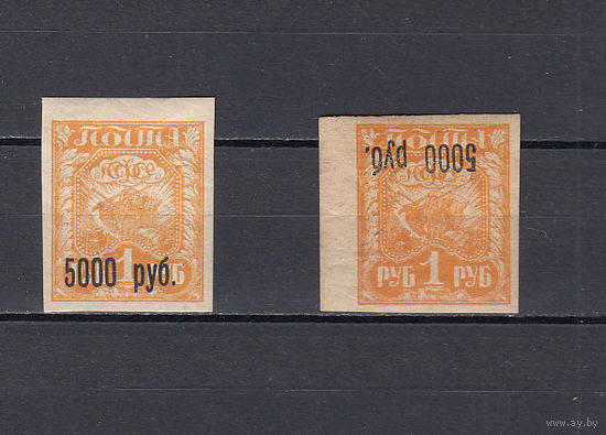 РСФСР. 1922. Черная надпечатка 5000 р на 1 руб. (прямая и перевернутая). Соловьев N 14 (8000 руб.)