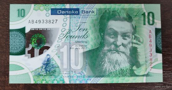 Северная Ирландия 10 фунтов 2017 года P-214a Danske Bank полимер UNC