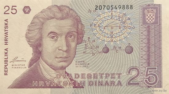 Werty71 Хорватия 25 динаров 1991 UNC банкнота