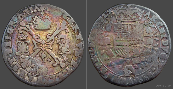 Нидерланды Испанские, 1/4 патагона/ 1/4 Patagon без указания года (1612-1620 гг.), провинция FLANDERS, Ag 875/ 7,03 г, сост. VF, Альберт и Елизавета