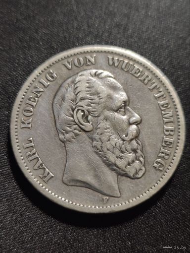 Германия. Вьютемберг. 5 марок 1875 F. Старый герб.