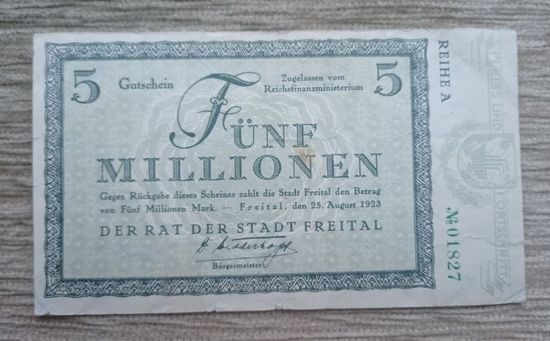 Werty71 Германия 5000000 (5 миллионов) марок 1923 банкнота 5 000 000 Фрайталь редкая ГРОССГЕЛЬД