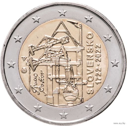 2 евро 2022 Словакия 300 лет первой паровой машине для шахт UNC из ролла