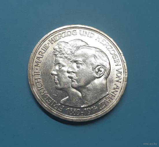 Германия. 3 марки. 1914 год. Анхальт. Фридрих II  и Мария. Отличная! Серебро