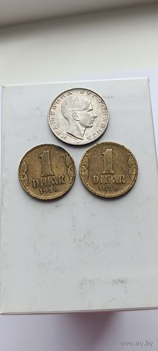 Сборный лот 1 и 10 динар Югославия 1938 года. Лот состоит из 3-х монет. Монеты не чищены.