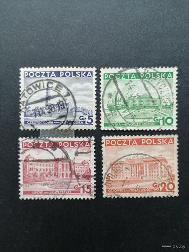 Польша 1937 Полная серия марок "Различные достопримечательности" (гашение без клея с наклейками) Mi.315-318 каталог 1.20 евро