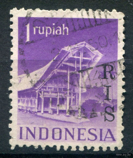 Индонезия - 1950г. - стандартный выпуск, цифры, архитектура, надпечатка RIS, 1 R - 1 марка - гашёная [Mi 56]. #4-W2-129-A-1