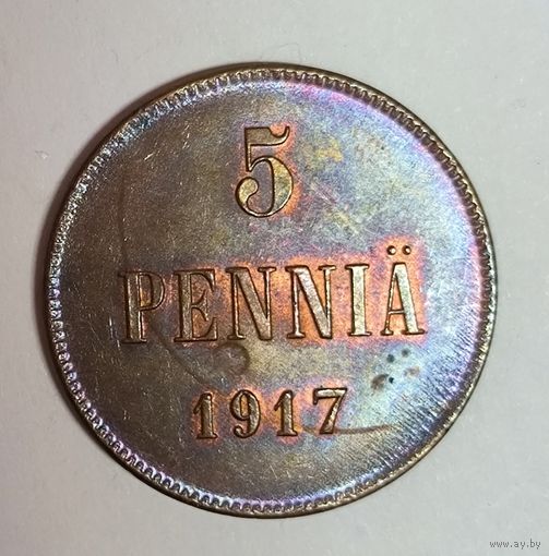 5 пенни 1917! Русская Финляндия! Красивая радужная патина!