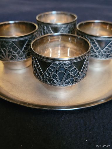 Набор рюмок с подносом мельхиор, скань, СССР 1973г.