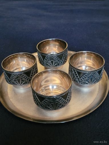 Набор рюмок с подносом мельхиор, скань, СССР 1973г.