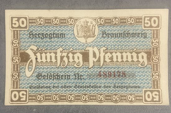 Нотгельд Брауншвейг 50 пфеннигов 1920 год. Веймарская республика