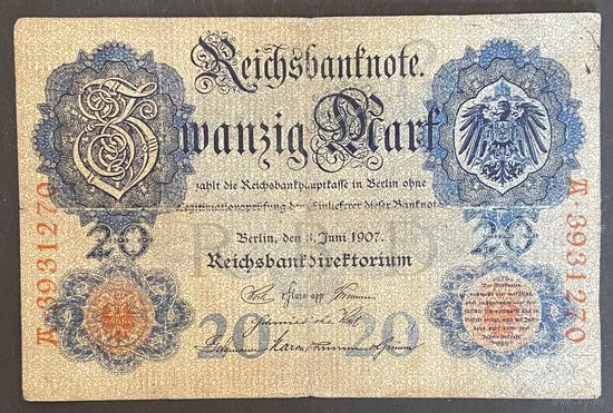 Банкнота 20 марок 1907 год. Германская империя .