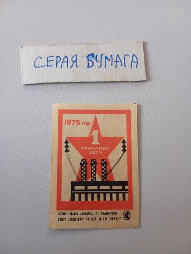 Спичечные этикетки ф.Маяк. 1975 год - 1 триллион кВт. ч. 1976 год