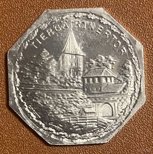 Германия Нюрнберг нотгельд 20 пфеннигов 1919 год. Ворота Тиргартнертор. трамвайный жетон