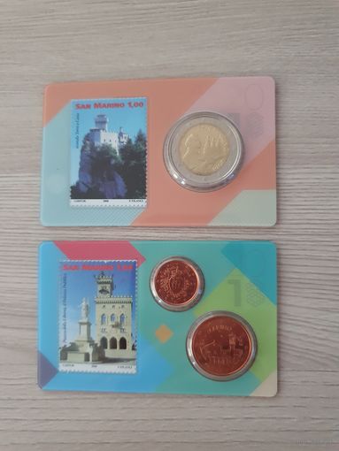 Сан Марино Два блистера 2018 года. 2 евро с маркой и 1 и 5 центов с маркой