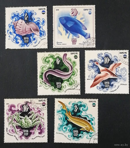 СССР 1975 г. Морская Фауна. Выставка EXPO 75, ЭКСПО 75, полная серия из 6 марок #0138-Ф1P31