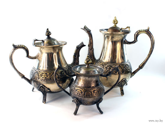Кофейный (чайный) набор. Чайник, кофейник и сахарница. Посеребрение.