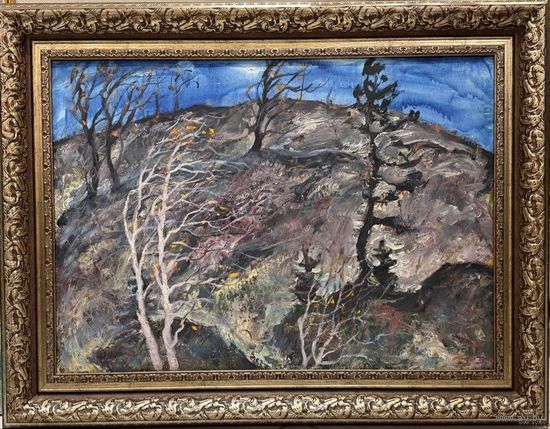 Дударенко Л.А. "Ветреный день", 1979г. Картон, масло. Размер с рамой 86,5х67 см.