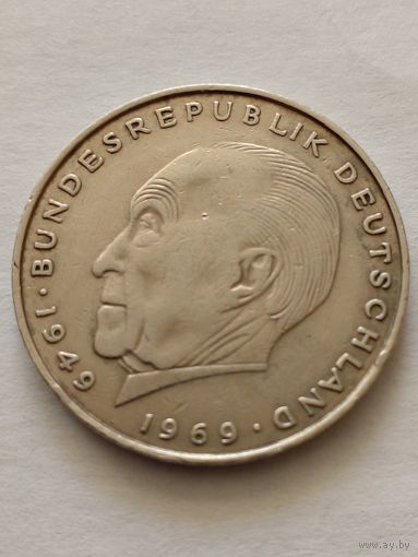 Германия.2 марки 1972 D Конрад Аденауэр-первый канцлер ФРГ.