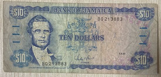 Банкнота . Ямайка 10 долларов 1987 год. Джордж Вильям Гордон